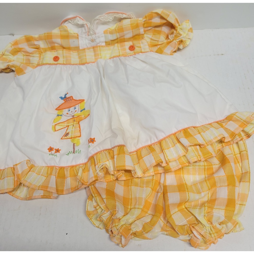 Vintage Baby Girl Gingham Scarecrow Bloomer Set Yellow Orange Embroidered Retro